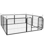 Black metal pet playpen with multiple sections on a white background