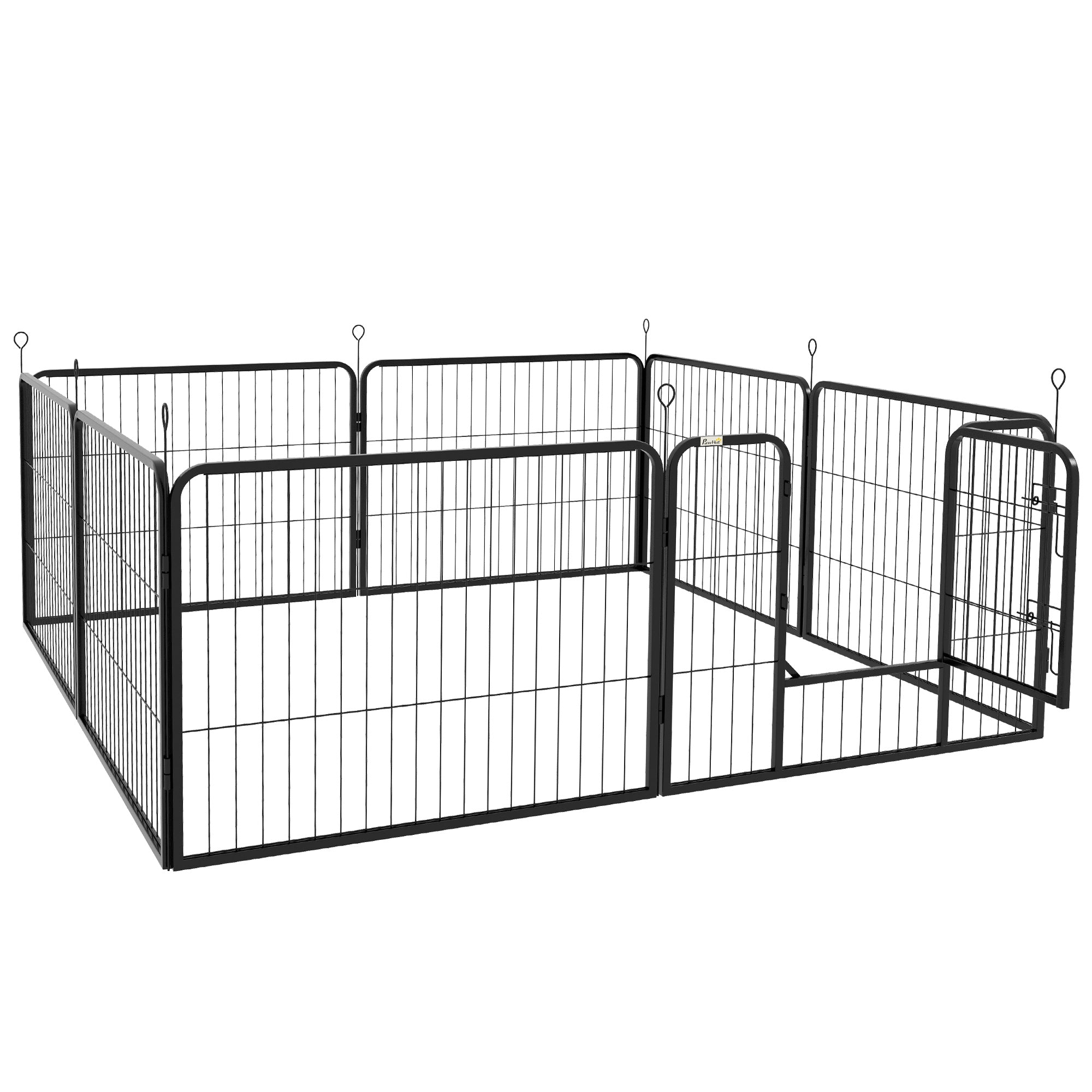 Black metal pet playpen with multiple sections on a white background