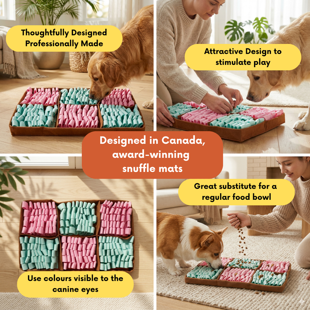 Collage of a dog interacting with a colorful snuffle mat, highlighting its design and benefits.