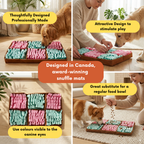 Collage of a dog interacting with a colorful snuffle mat, highlighting its design and benefits.