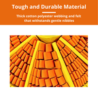 Close-up of orange and yellow textured material with text about durability on an orange background