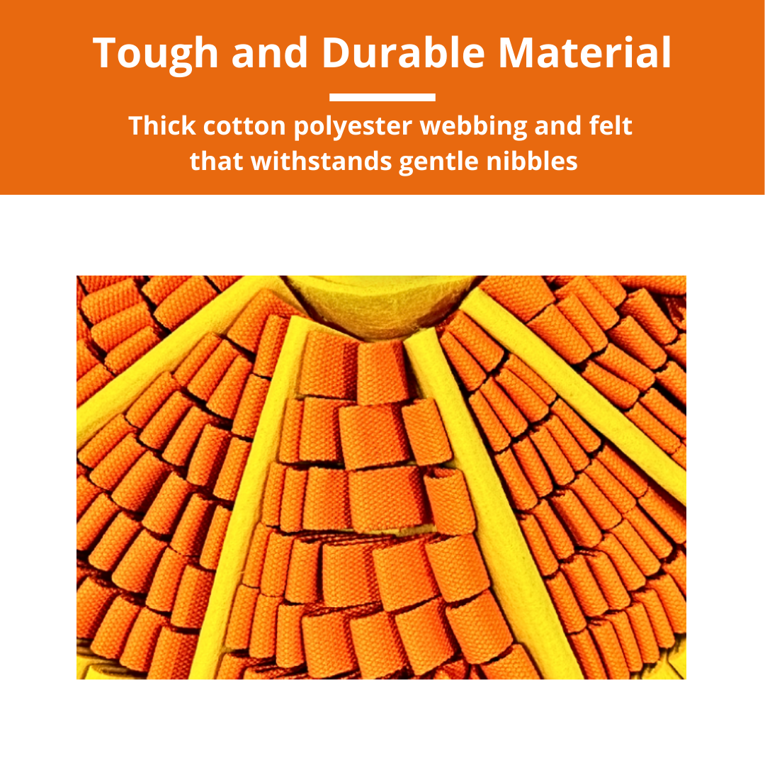 Close-up of orange and yellow textured material with text about durability on an orange background