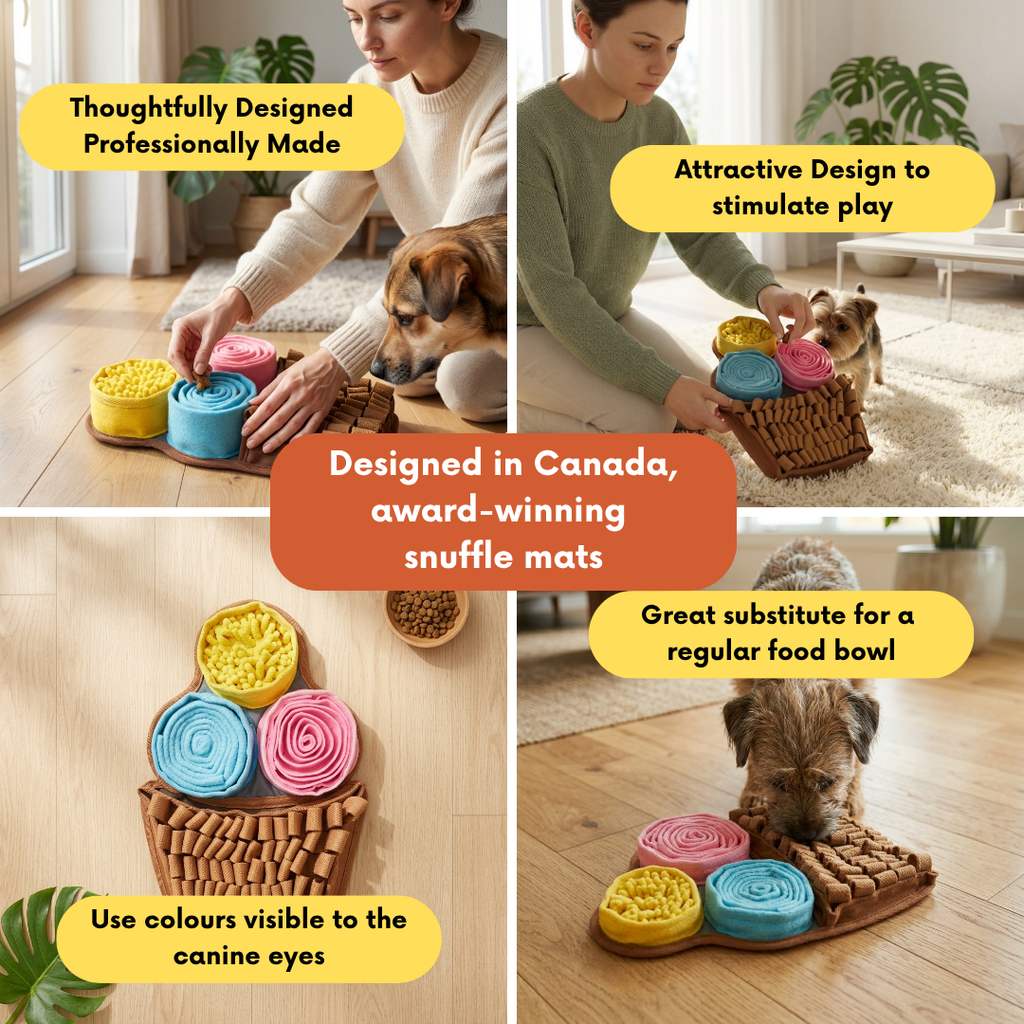 Collage of images showing a dog interacting with a snuffle mat, with text highlighting features and benefits.