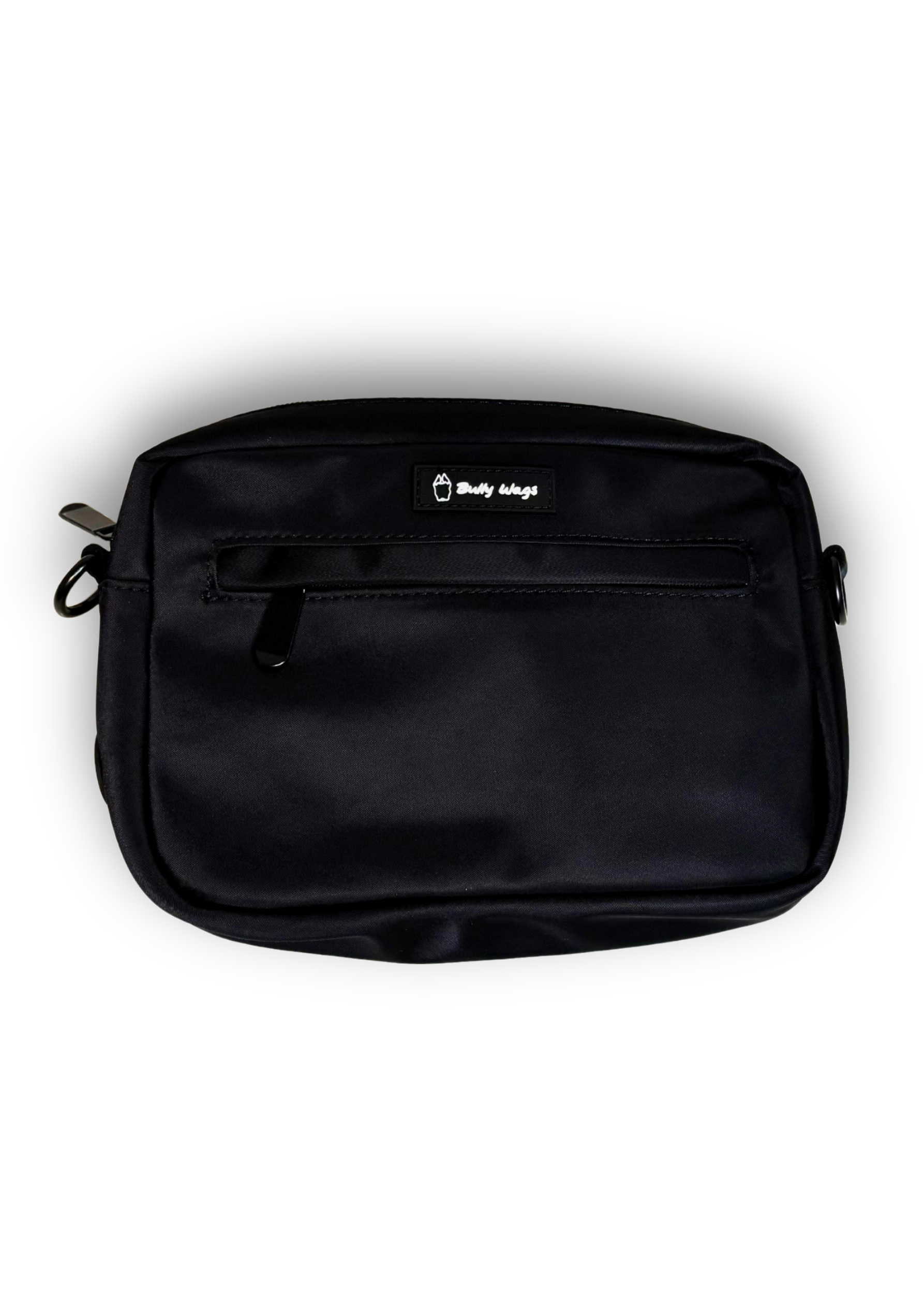 Black treat bag with a brand logo on a white background