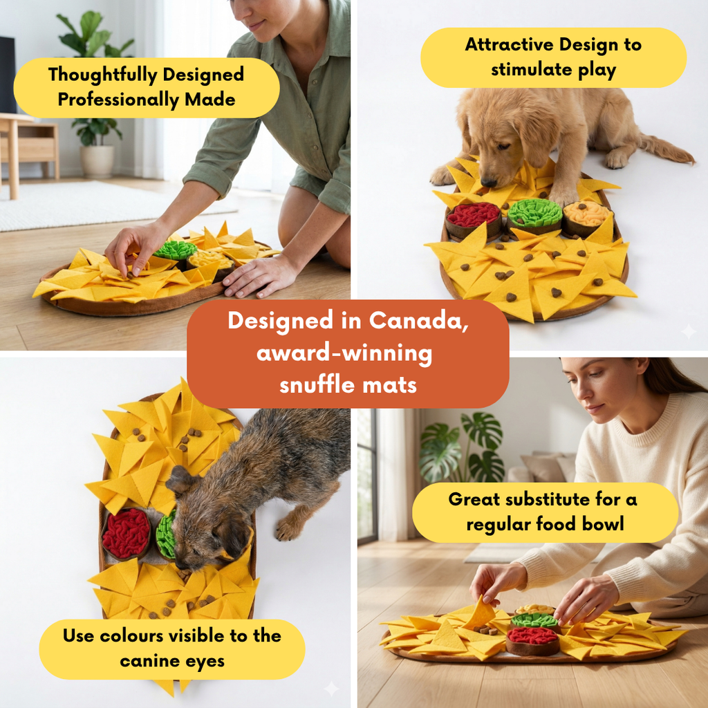 Snuffle mat for dogs with text highlighting features and benefits