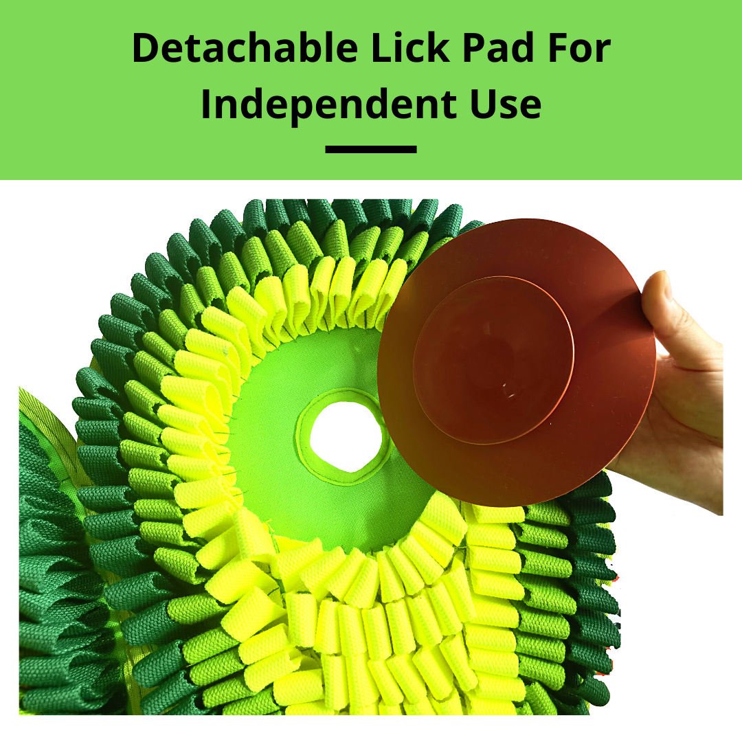 Detachable lick pad with green and yellow texture and brown removal disc on a white background.