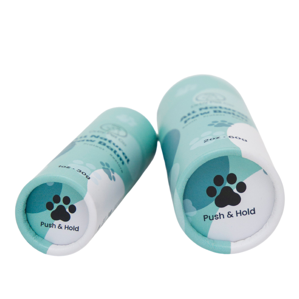 Two cylindrical containers with a paw print design and 'Push & Hold' text on a white background.