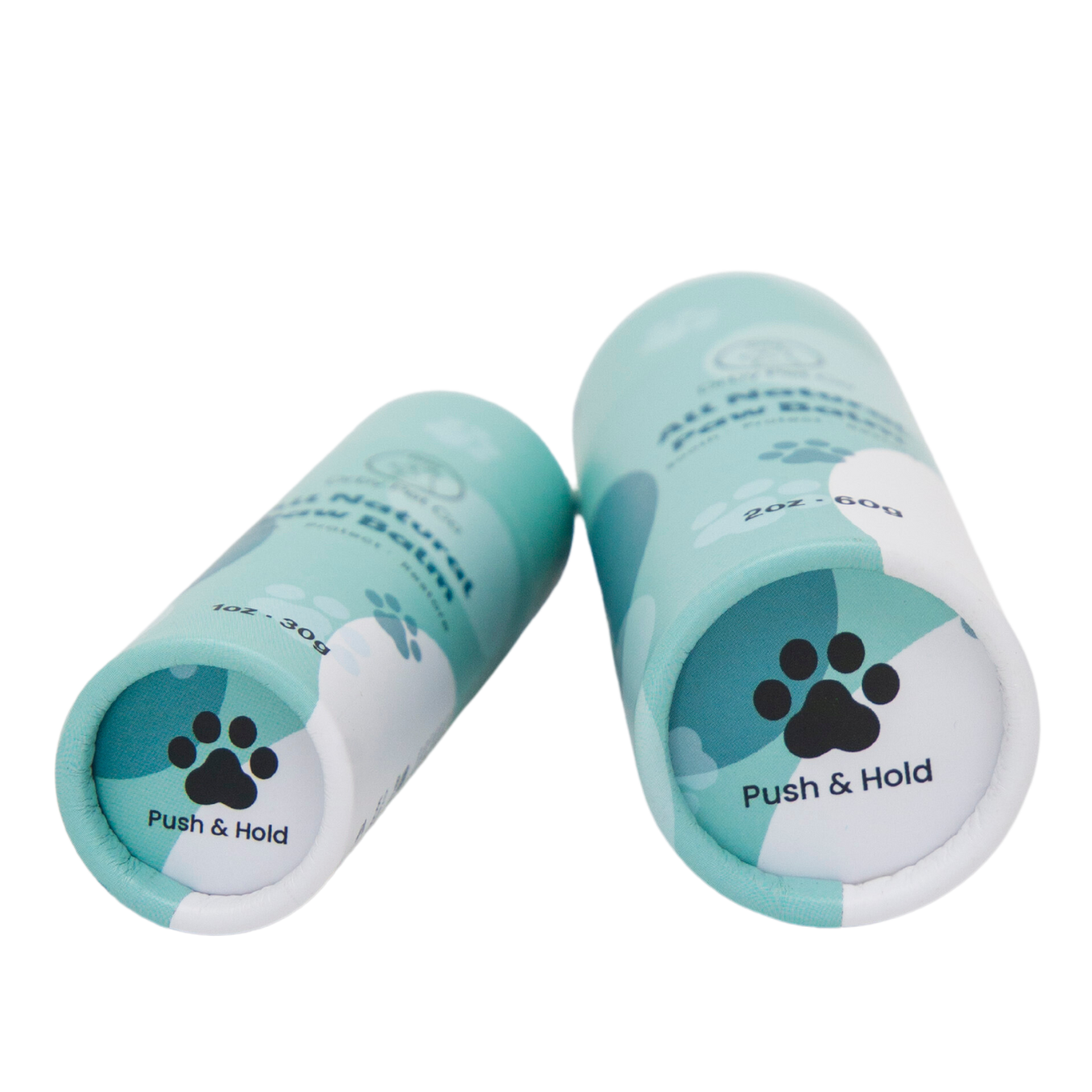 Two cylindrical containers with a paw print design and 'Push & Hold' text on a white background.