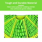 Close-up of green textured material with text about durability on a green background