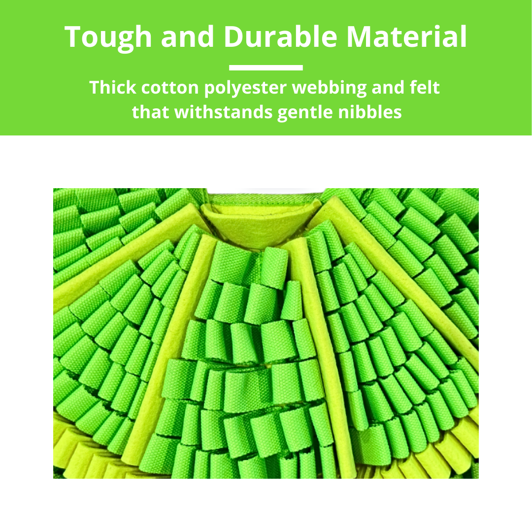 Close-up of green textured material with text about durability on a green background