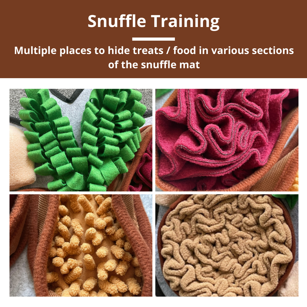 Collage of snuffle mats with different textures and colors on a brown background.