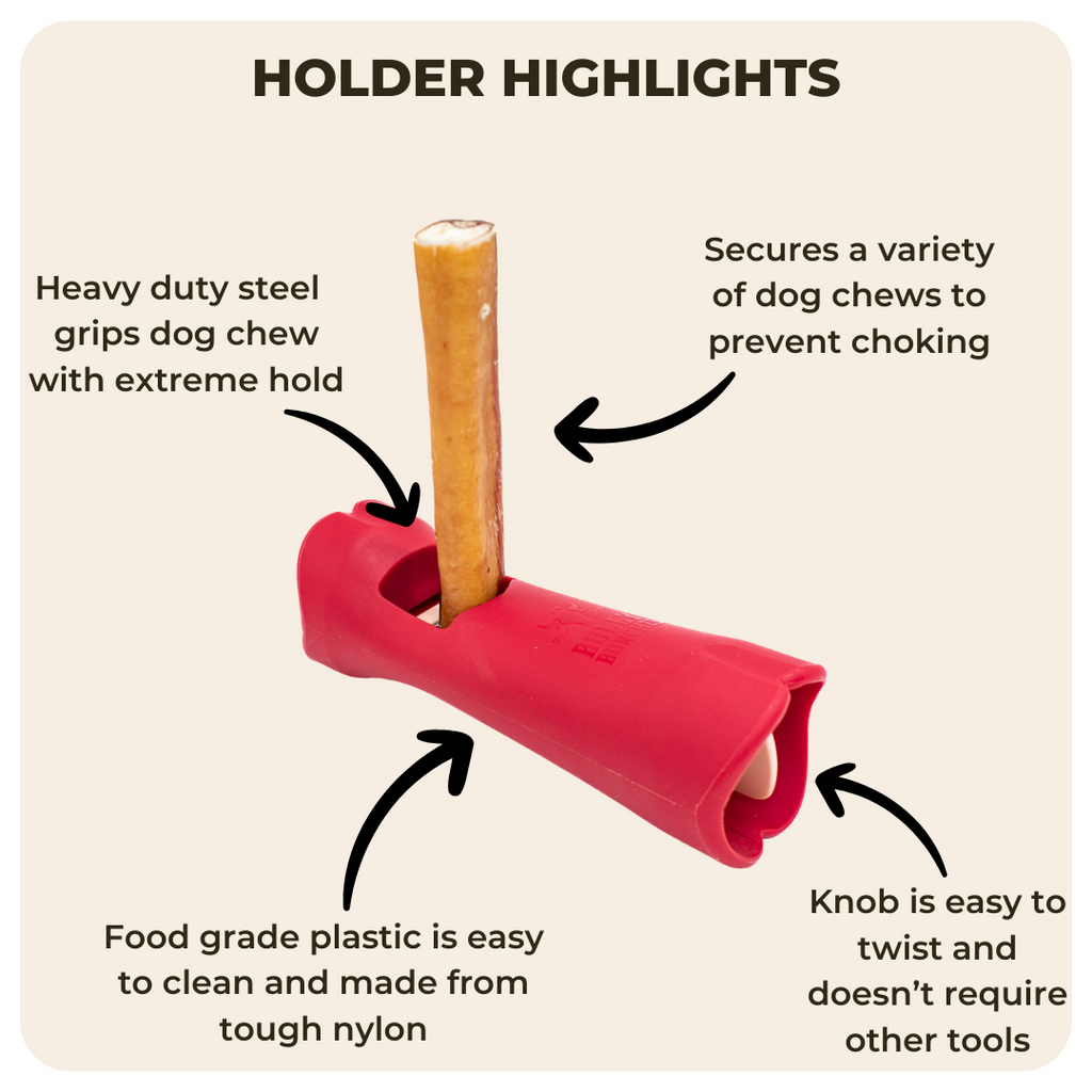 Red dog chew holder with a stick, highlighting features on a beige background.