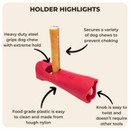Red dog chew holder with a stick, highlighting features on a beige background.