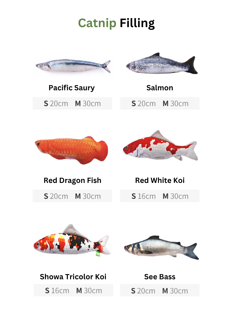 Illustrations of various fish with dimensions labeled for catnip filling options.