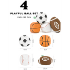 Set of colorful play balls with dimensions on a white background