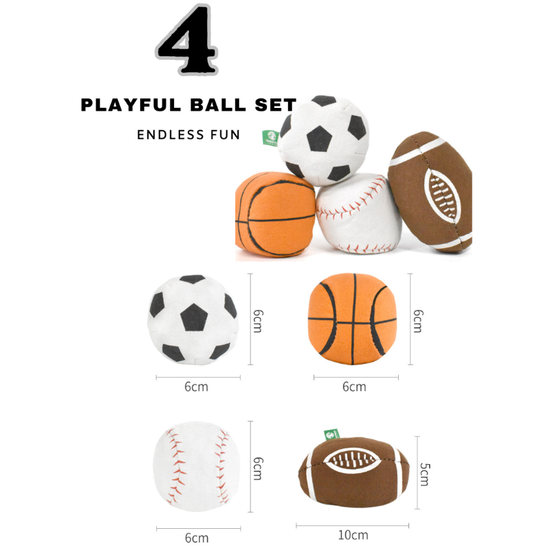 Set of colorful play balls with dimensions on a white background