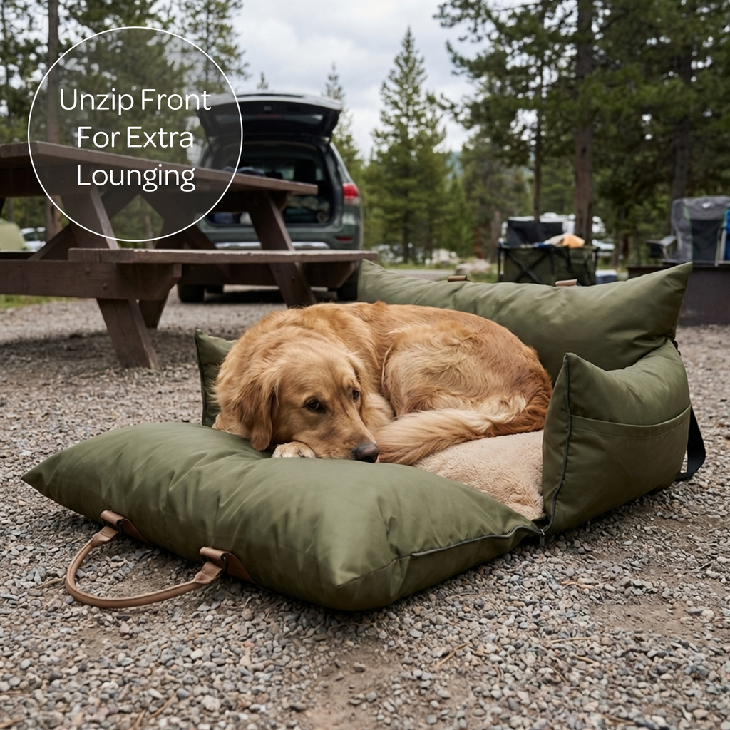 Dog lying on a green outdoor cushion with a picnic table and trees in the background.
