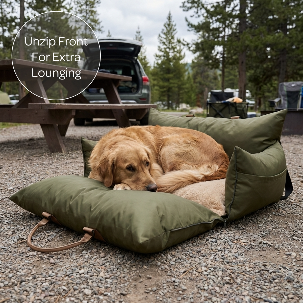 Dog lying on a green outdoor cushion with a picnic table and trees in the background.