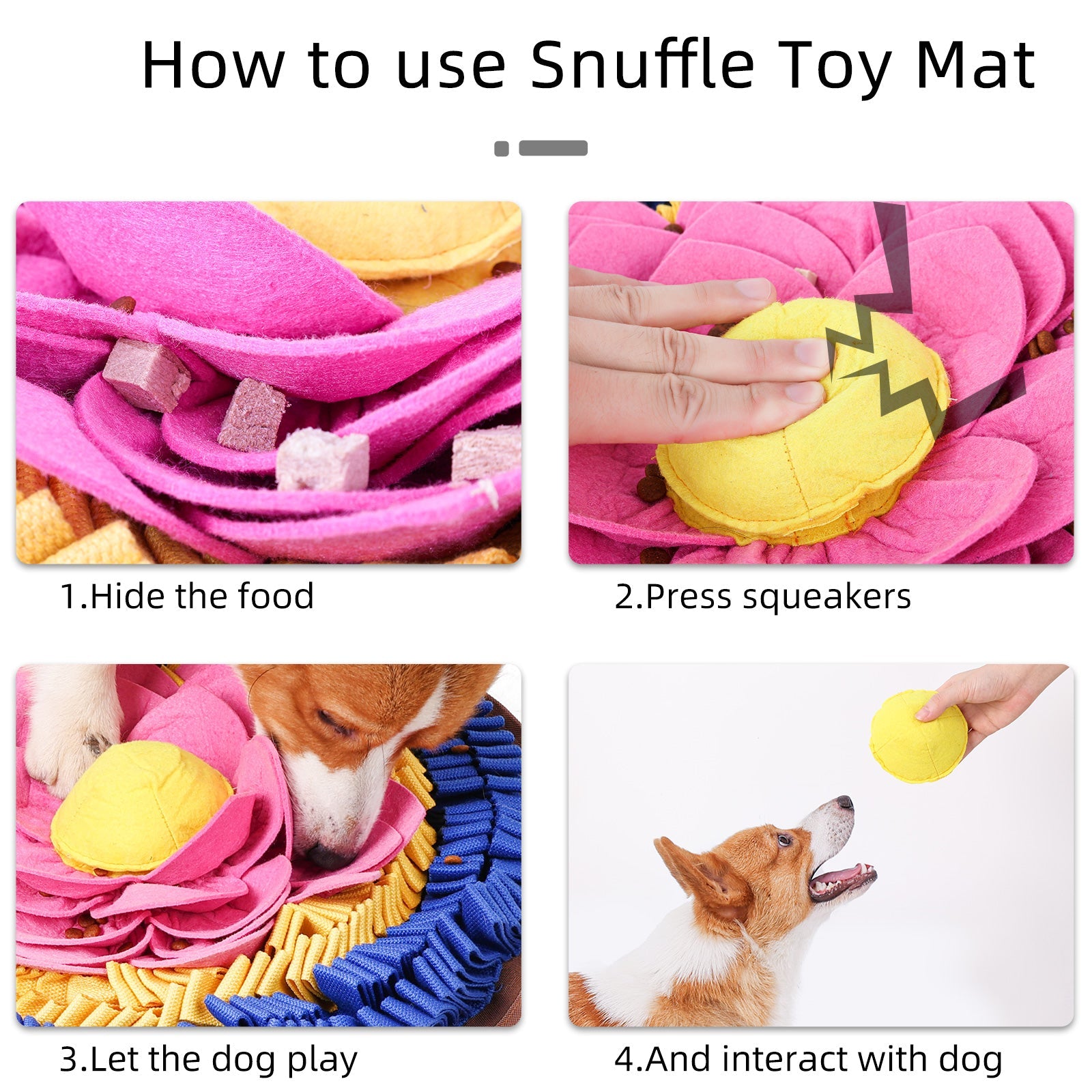 Instructions on how to use a snuffle mat toy with images and text.