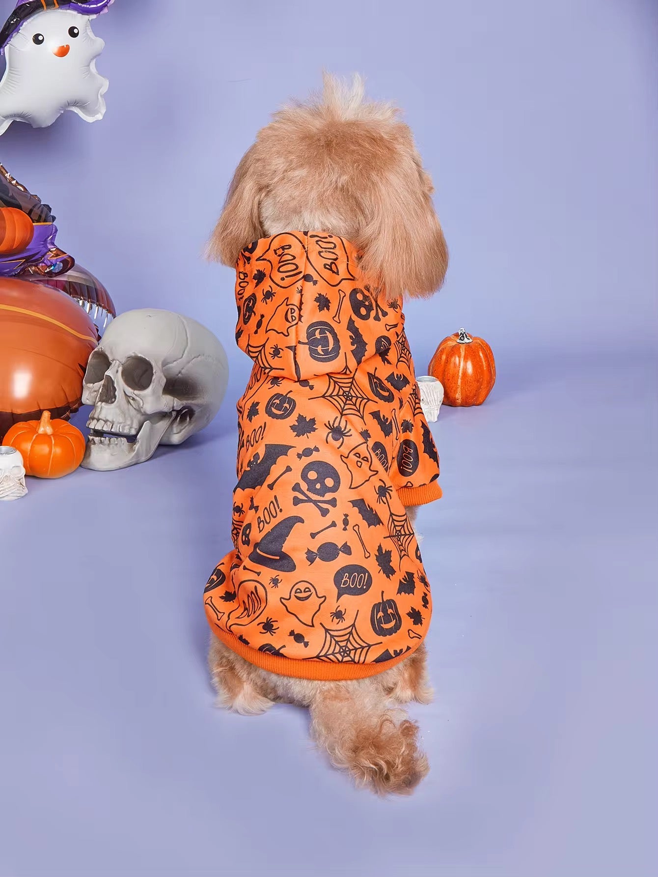 Dog wearing an orange Halloween-themed costume with pumpkins and ghosts, standing on a purple background.