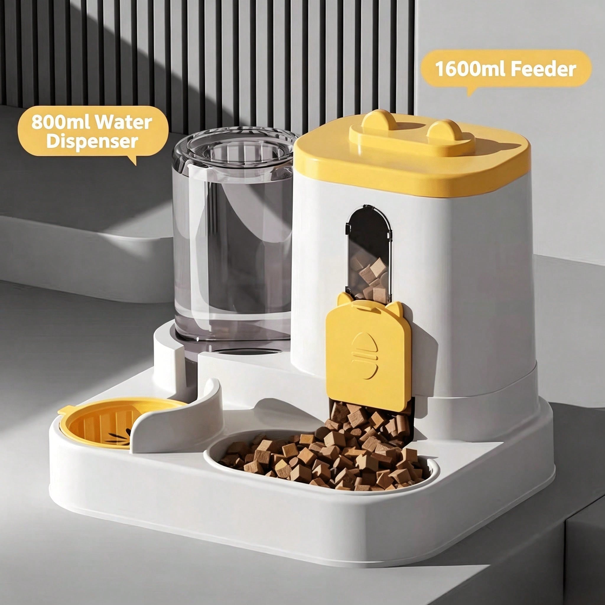 Pet feeding and water station with yellow accents on a gray background