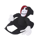 Pet halloween costume resembling a skeleton in a black hood with white face and gloves on a white background