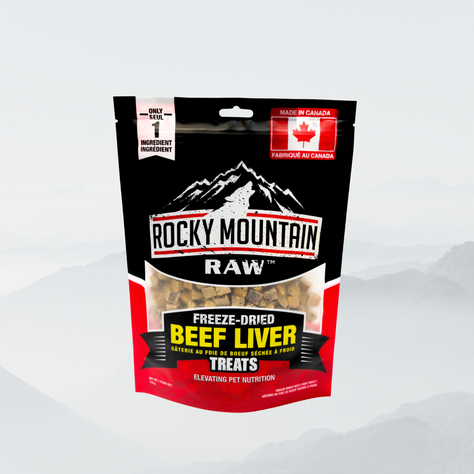 Package of Rocky Mountain Raw freeze-dried beef liver treats on a white background