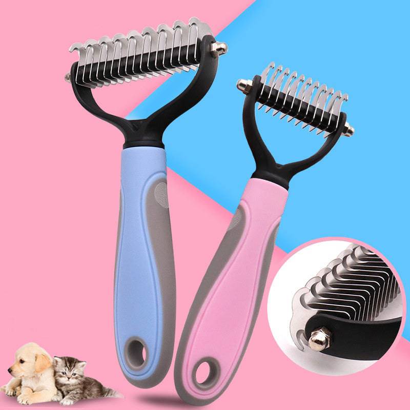 Two pet grooming brushes with black handles and stainless steel teeth are shown on a pink and blue background. One brush has a light blue handle and the other has a pink handle.