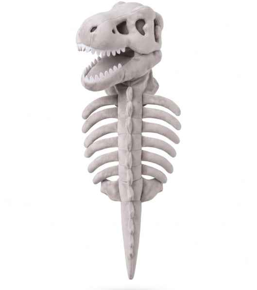 A plush dinosaur skeleton toy with a gray T-rex skull, rib cage, spine, and tail, shown against a plain white background.
