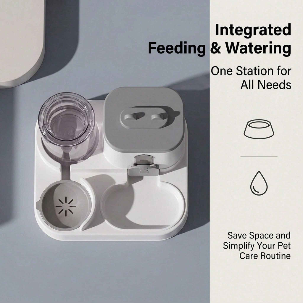 Pet feeding and watering station on a gray background with text highlighting its features.