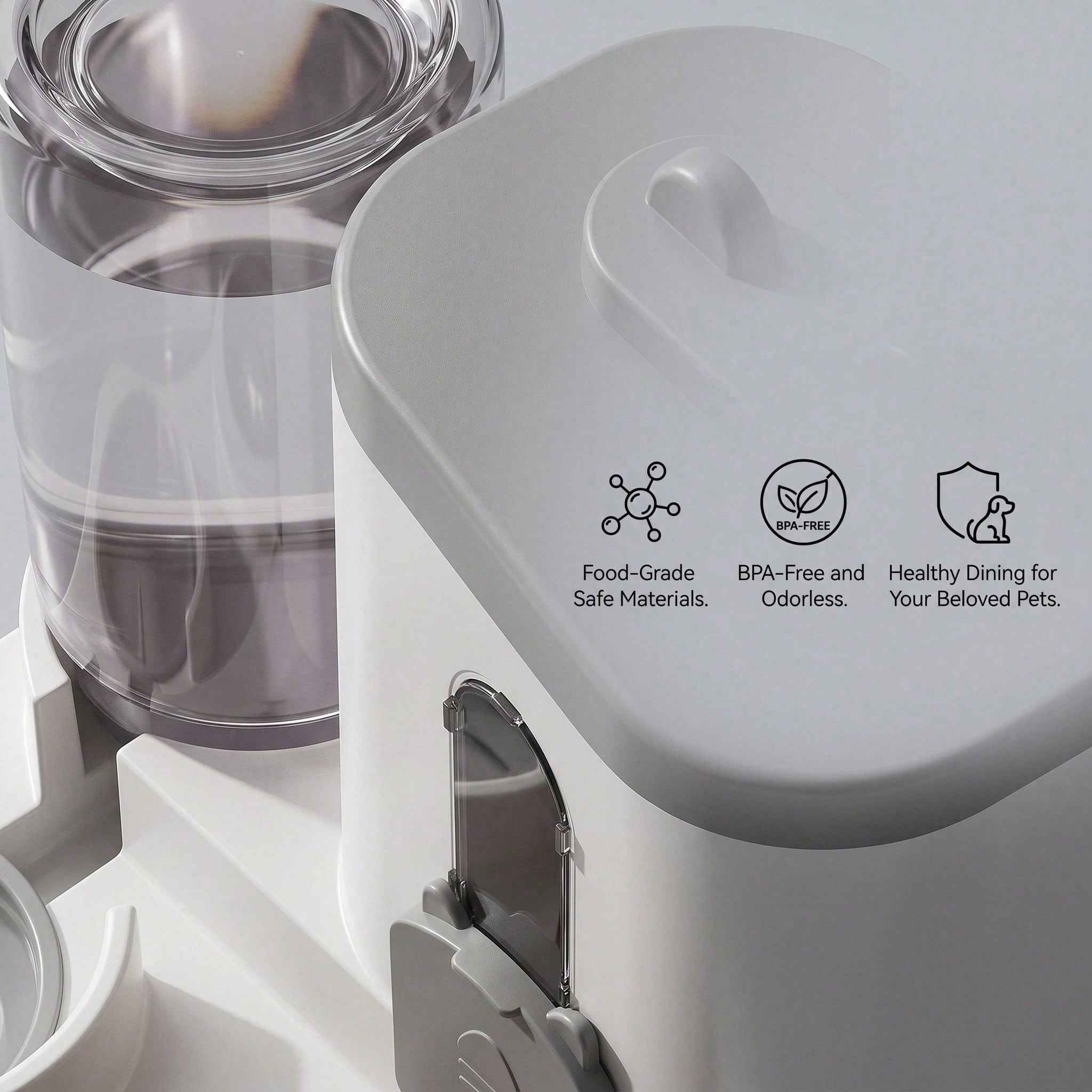 Pet food dispenser with clear container and white lid, featuring safety and health icons.