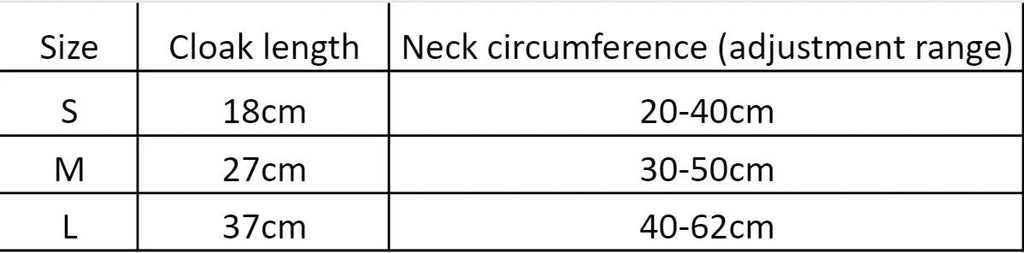 Cloak size chart with length and neck circumference adjustments