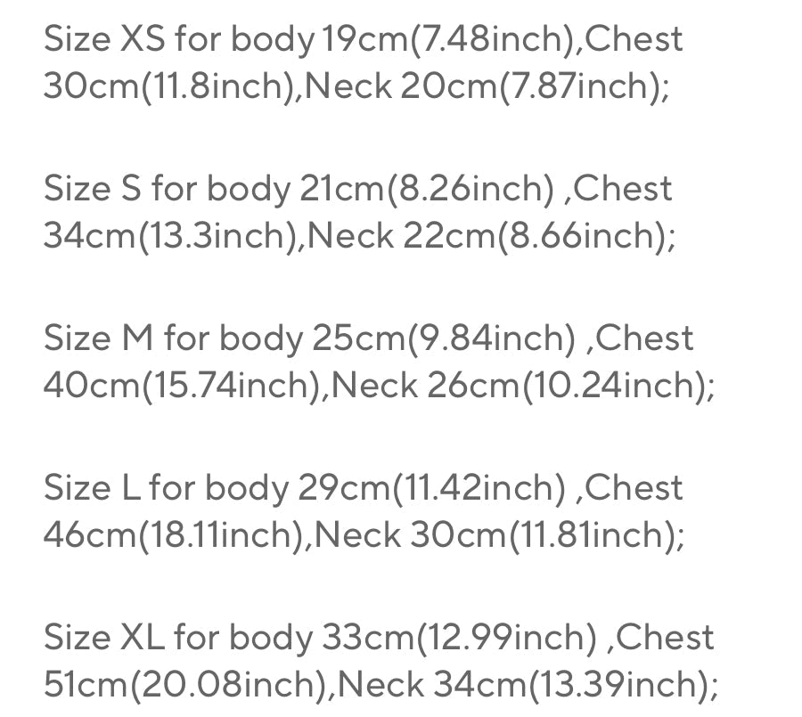 Text displaying size chart for clothing measurements in centimeters and inches.