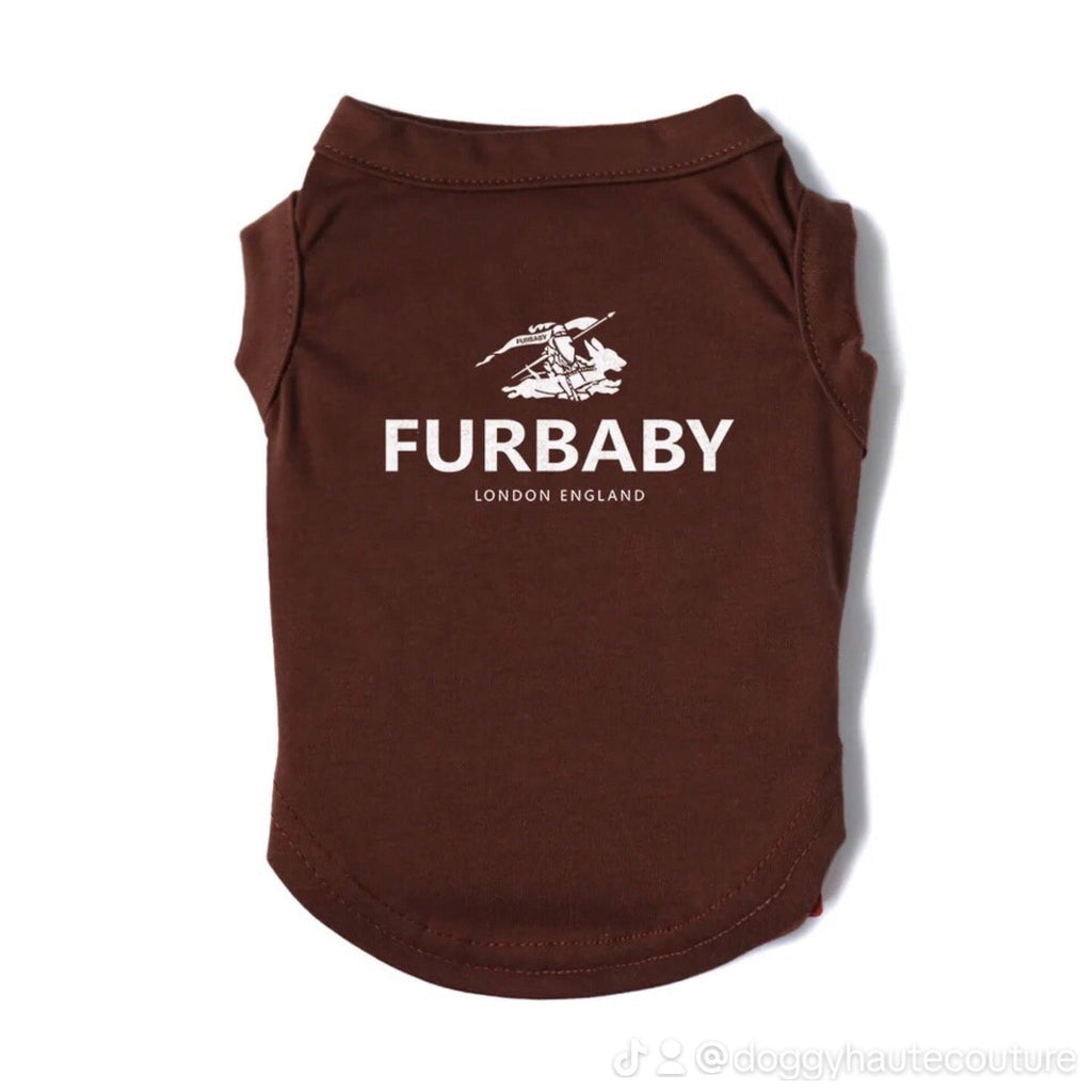 Brown pet shirt with 'Furbaby London England' text on a white background