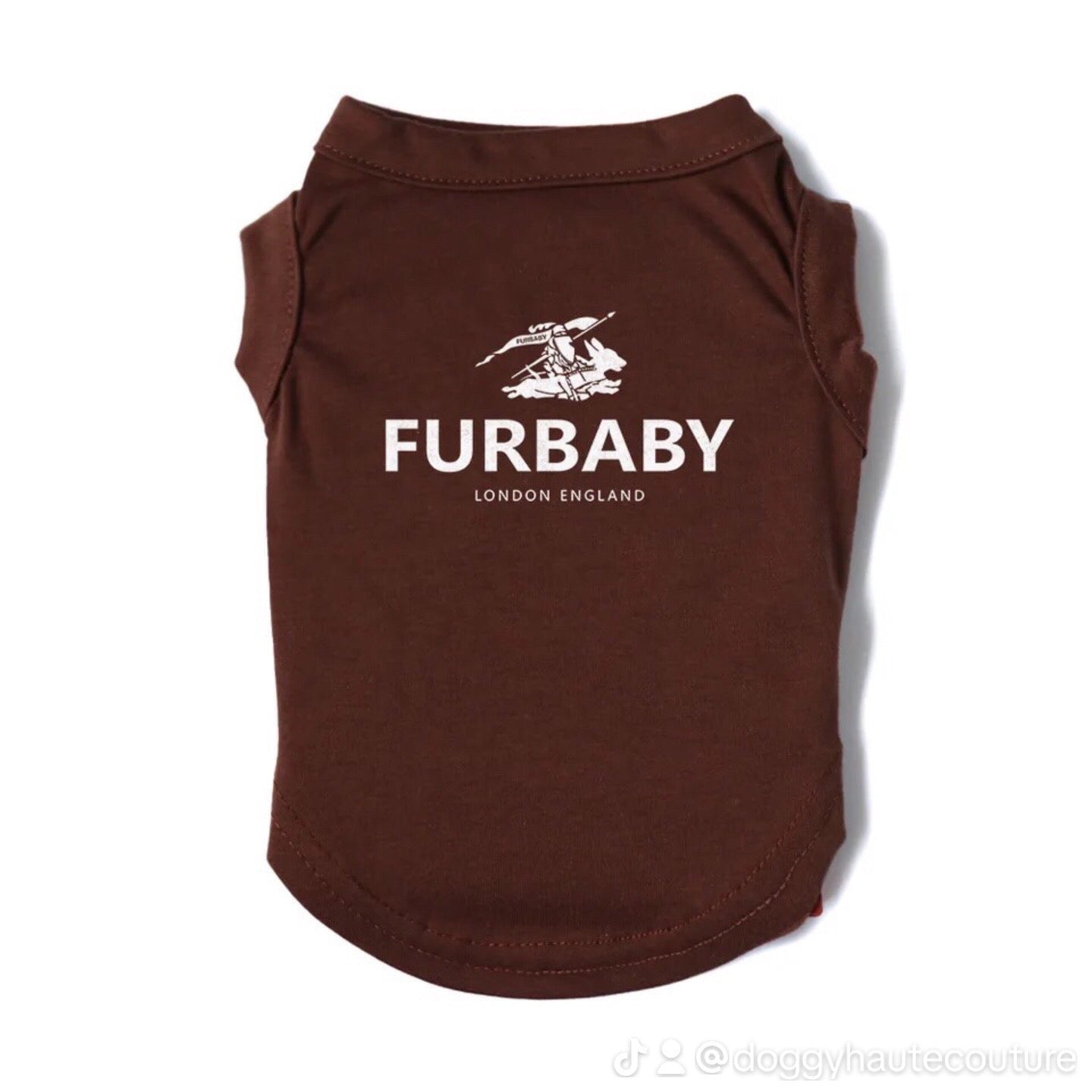 Brown pet shirt with 'Furbaby London England' text on a white background