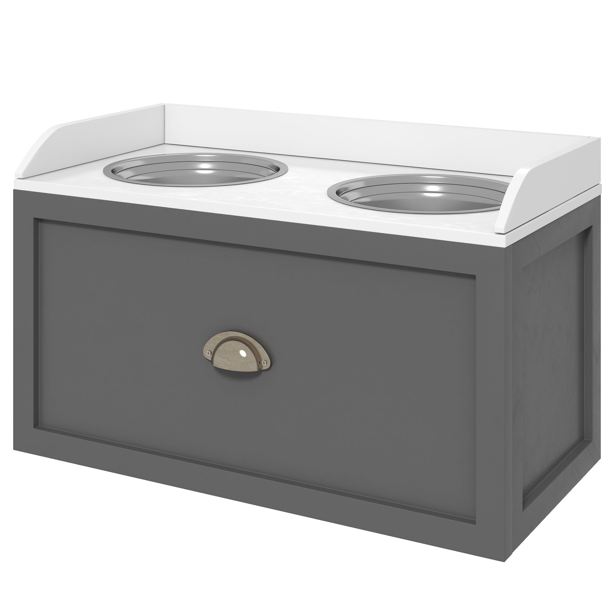 Gray pet feeding station with white top and two bowls.