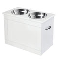 White pet feeding station with two stainless steel bowls on a white background