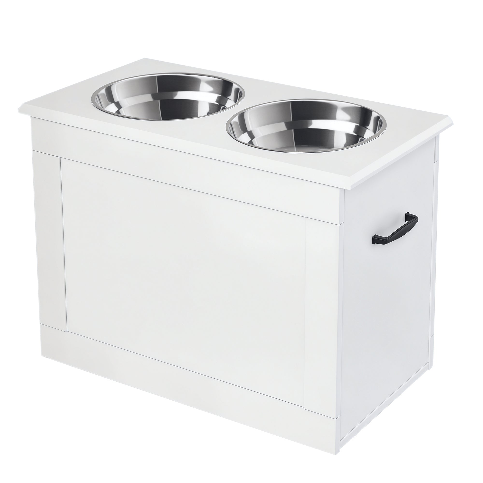 White pet feeding station with two stainless steel bowls on a white background