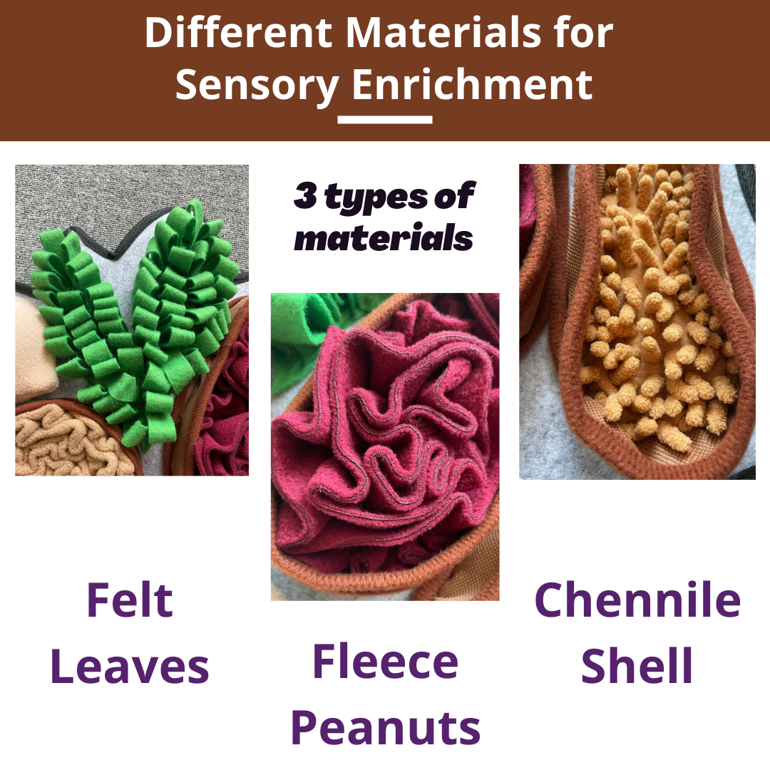 Three types of materials for sensory enrichment: felt leaves, fleece peanuts, and chenille shell.