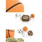 Collection of sports-themed dog toys including a basketball, soccer ball, and football on a white background.