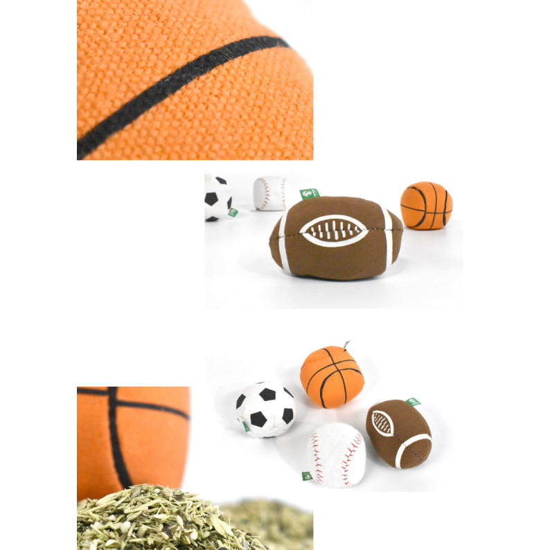 Collection of sports-themed dog toys including a basketball, soccer ball, and football on a white background.