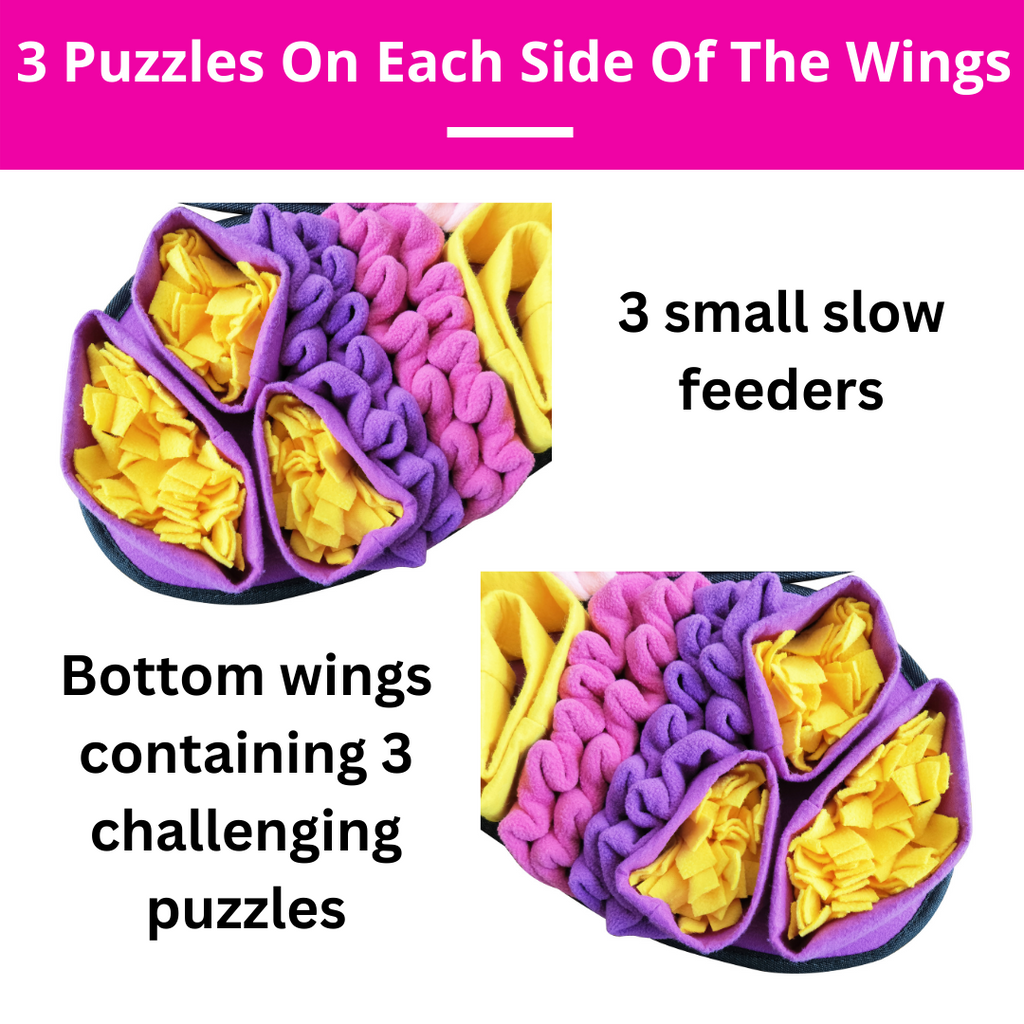 Purple and yellow puzzle toy with text indicating puzzles on each side of the wings and small feeders.
