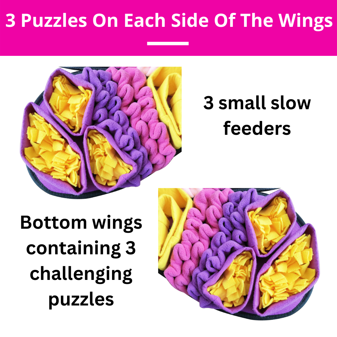 Purple and yellow puzzle toy with text indicating puzzles on each side of the wings and small feeders.