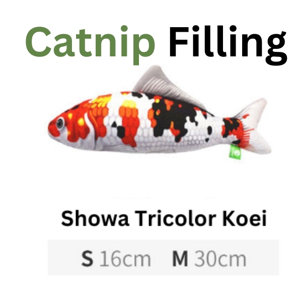 Colorful fish-shaped toy with 'Catnip Filling' text and product details on a white background