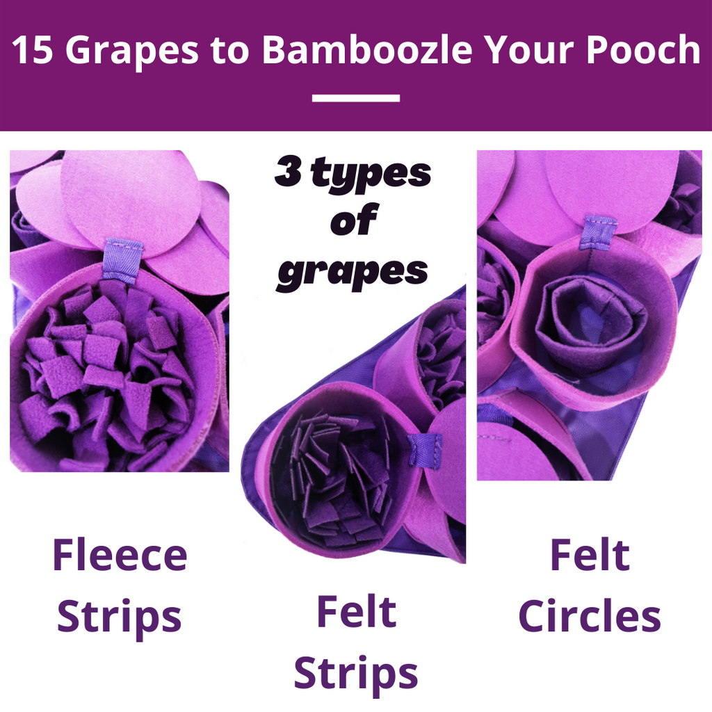 Purple grape-shaped dog snuffle mat with text indicating types of grapes and materials used.
