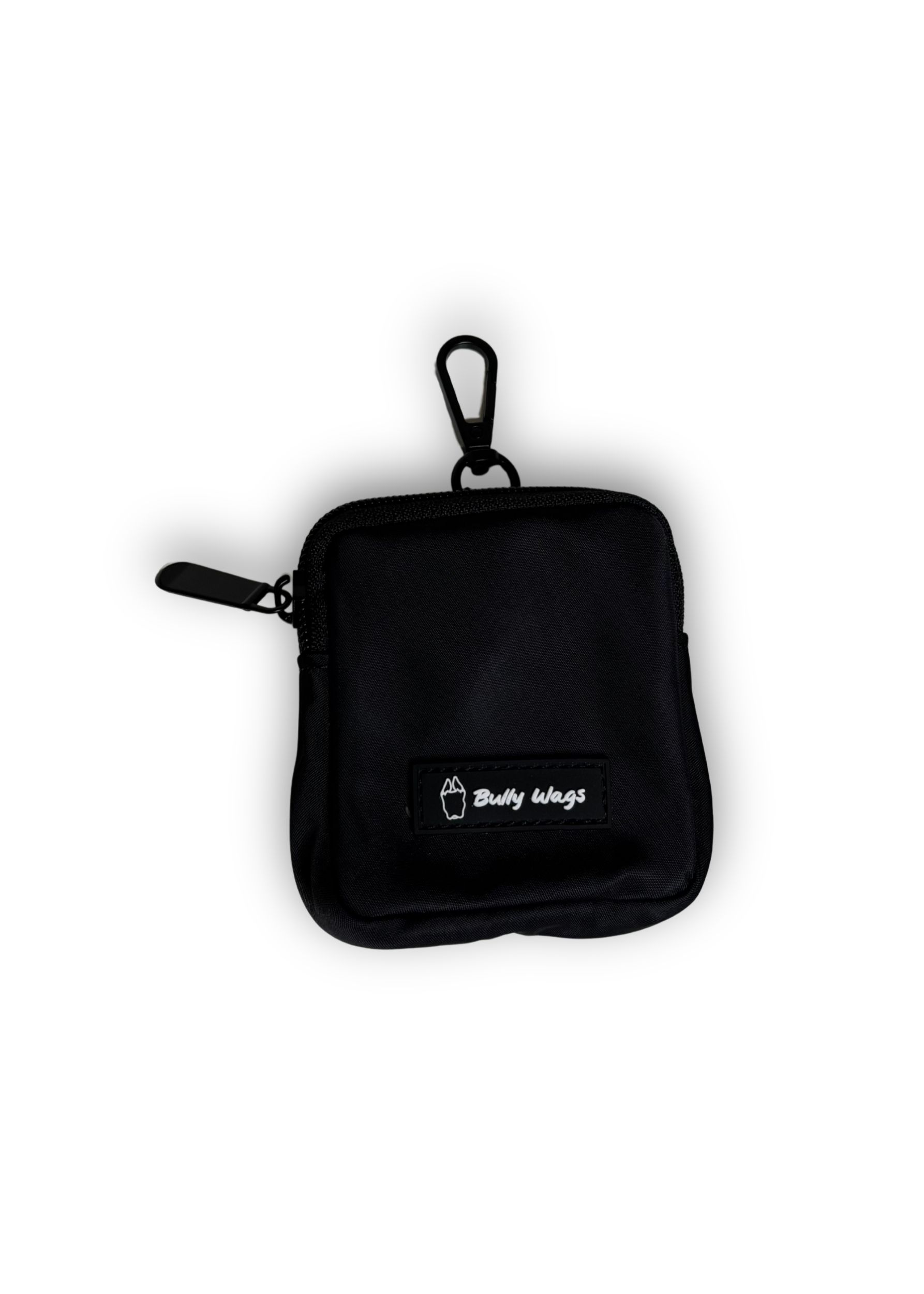 Black pouch with a brand logo on a white background