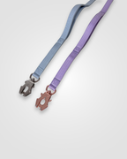 Two dog leashes with different color schemes on a light gray background