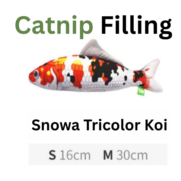 Colorful fish-shaped cat toy with text indicating 'Catnip Filling' and product details on a white background.