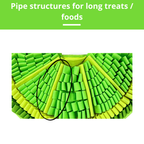 Green foam pipe structures on a white background with text 'Pipe structures for long treats/foods'.