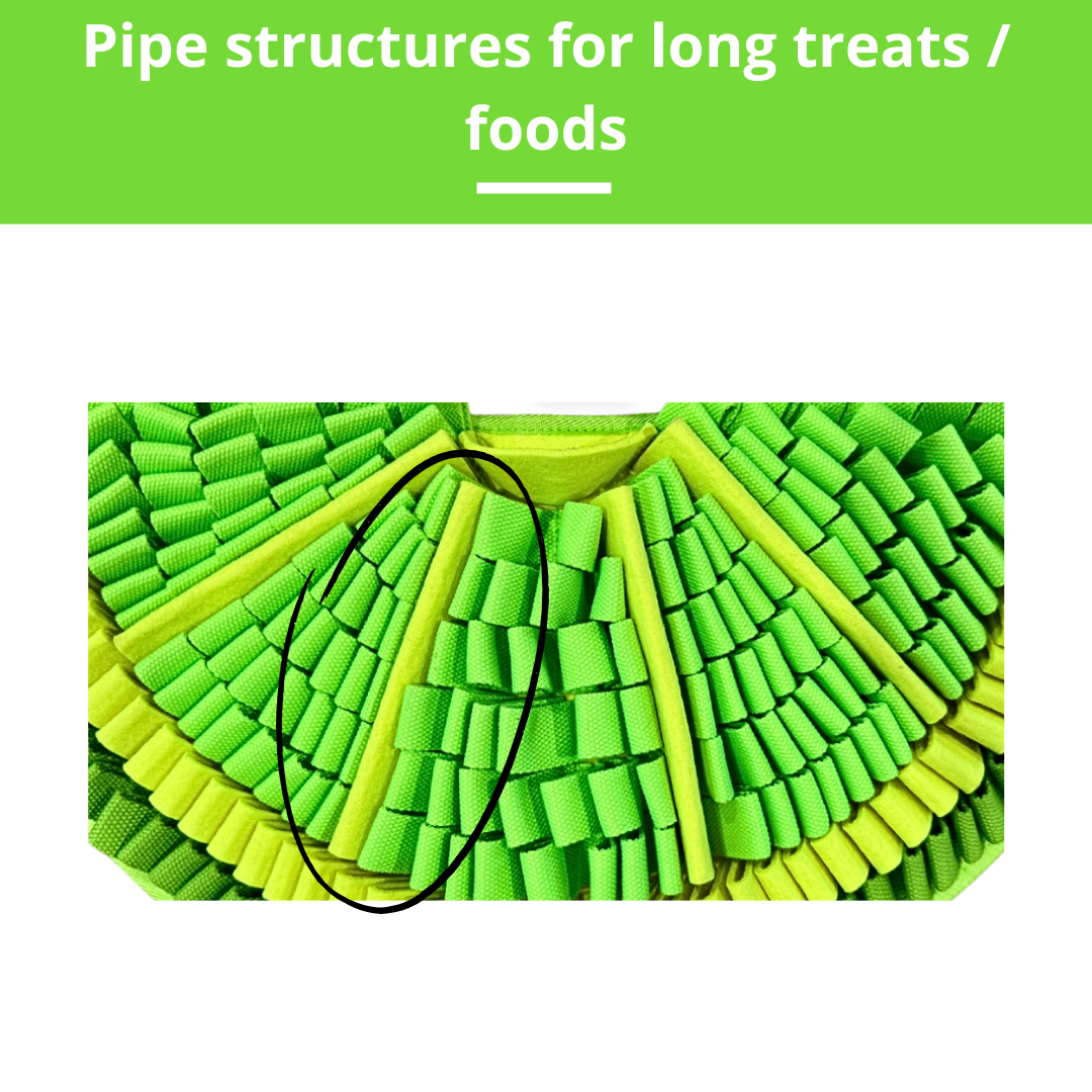 Green foam pipe structures on a white background with text 'Pipe structures for long treats/foods'.